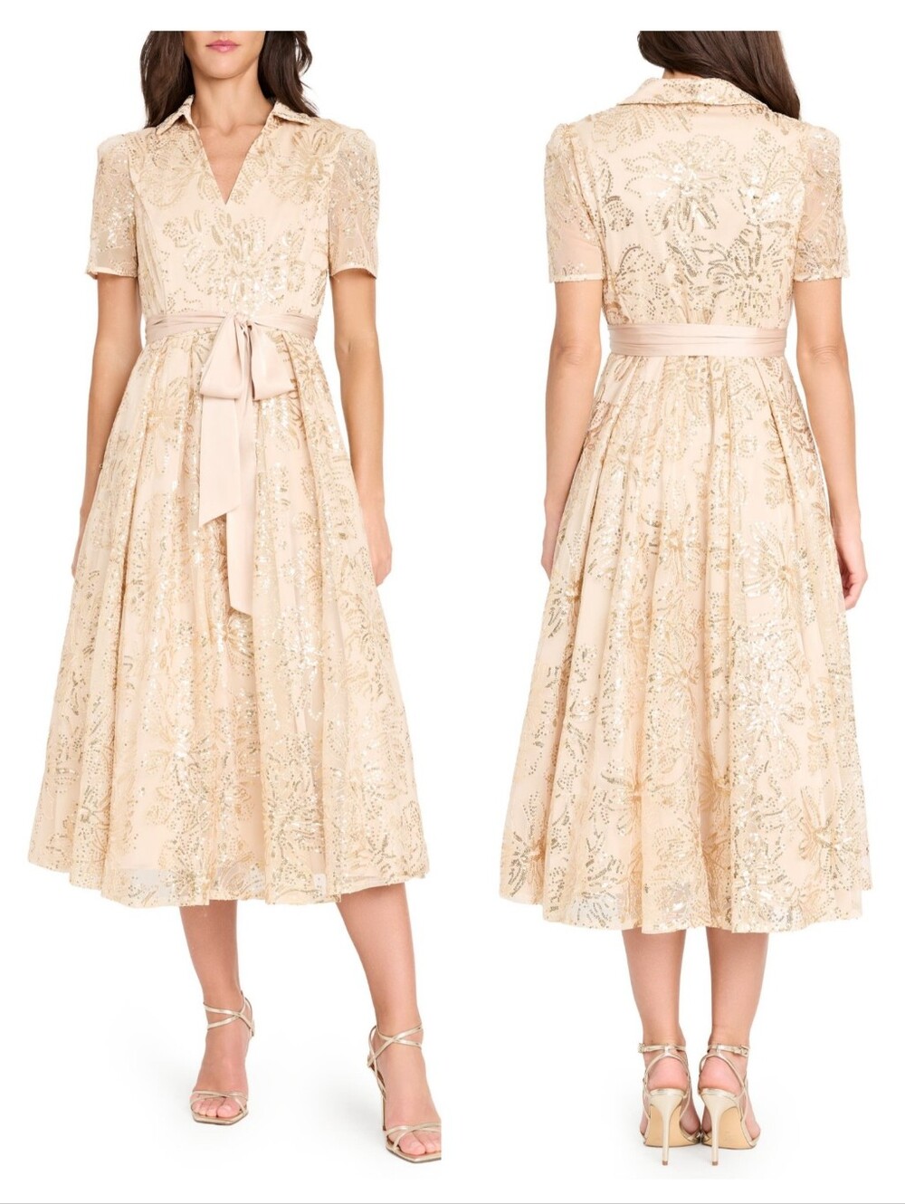 Tahari ASL Sequin Tie Waist Midi Dress Champagne Cream Size 8